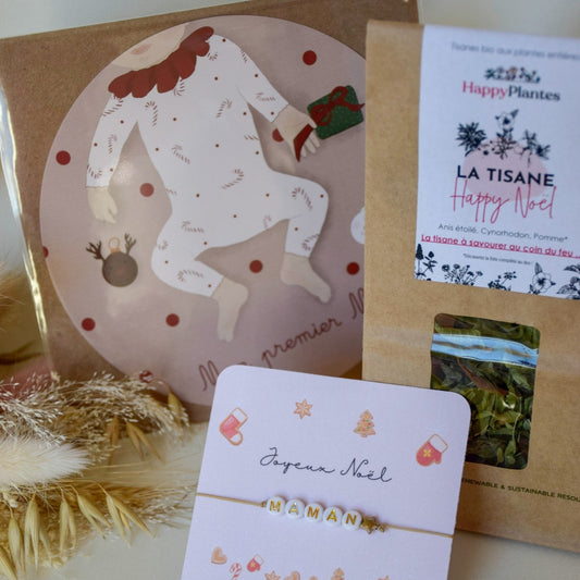 Coffret cadeau "1er Noël de bébé" - Bracelet maman, carte ronde étape et tisane de Noël