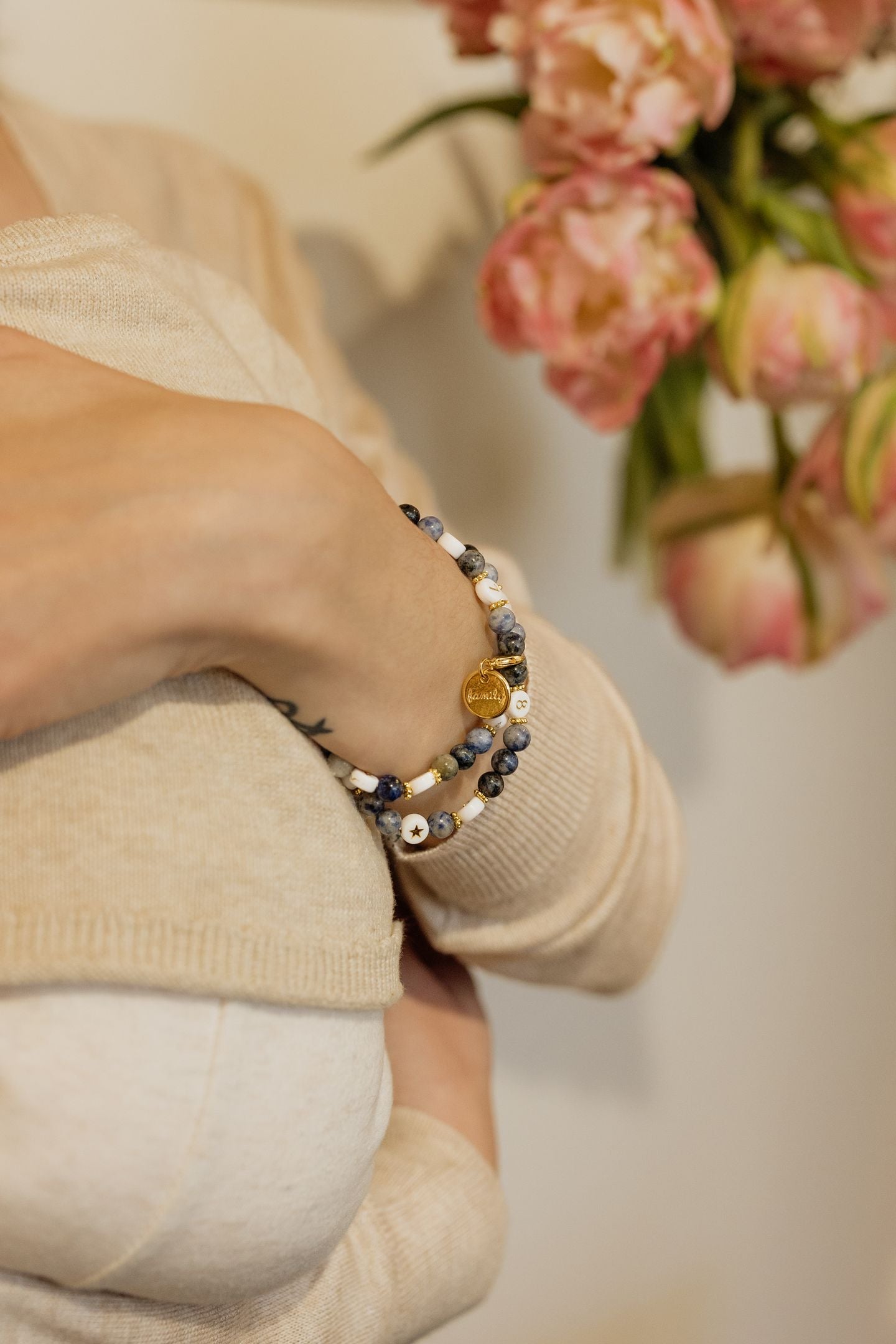 Bracelet d'allaitement perles quartz (Bleu)