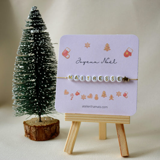 Bracelet sur carte  "Joyeux Noël" /Tata, Maman, Maitresse, Marraine, Nounou